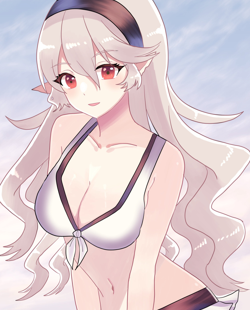 alternate_costume bikini breasts corrin_(female)_(summer)_(fire_emblem) corrin_(fire_emblem) corrin_(fire_emblem)_(female) female female_only fire_emblem fire_emblem_fates fire_emblem_heroes n_54 nintendo official_alternate_costume open_mouth solo swimsuit white_bikini white_swimsuit