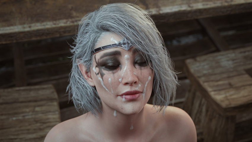 3d after_fellatio after_oral baldur's_gate baldur's_gate_3 bluelight circlet cleric closed_eyes cum cum_on_face dungeons_and_dragons eyes_closed eyeshadow fantasy female female_focus female_only forgotten_realms grey_hair half-elf headband isobel_(baldur's_gate) makeup_running naked naked_female nude nude_female pointed_ears running_mascara tagme