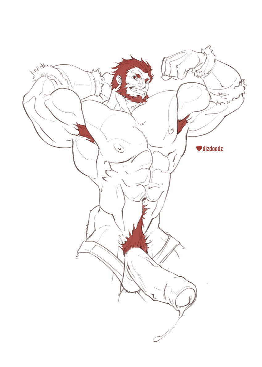 armpit_hair arms_up balls bara beard big_penis boner dizdoodz erection facial_hair fate_(series) flexing iskandar_(fate) male male_only monochrome muscles muscular nude penis red_hair solo solo_male uncut