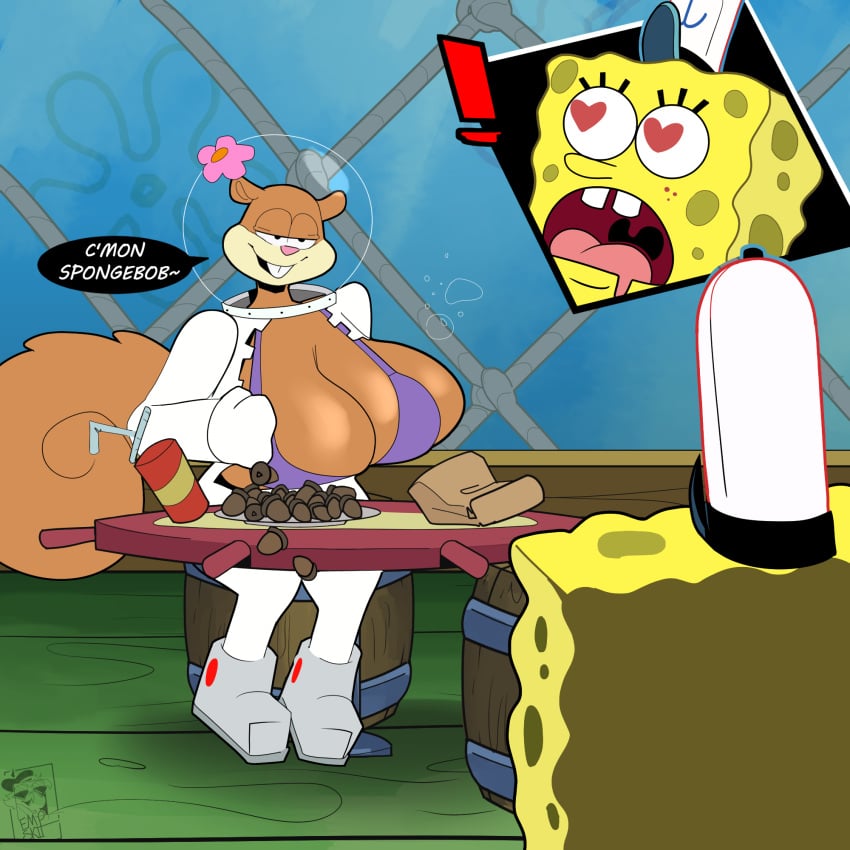 1boy 1girls anthro big_breasts bra breasts clothing empskit female heart_eyes hi_res huge_breasts hyper hyper_breasts krusty_krab male nickelodeon off_model on_model reaction_shot sandy_cheeks sea_sponge shocked spongebob_squarepants spongebob_squarepants_(character) squirrel underwear undressing