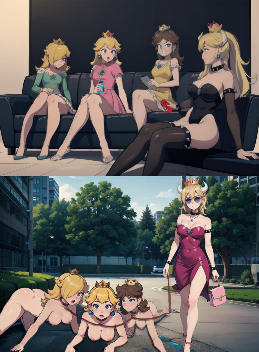 2023 2koma 4girls ai_generated all_fours ass bangs bare_legs before_and_after black_thighhighs blonde_hair blt_killer blue_eyes bowsette bracelet breasts brown_hair choker collar collarbone completely_nude completely_nude_female crawling crown day daytime defeat defeated dog_collar dress earrings female female_only forced_nudity game_controller hair hi_res high_res high_resolution highres holding_leash horn horns human human_only indoors inside instant_loss_2koma jewelry joycon_controller leash_and_collar leggings light-skinned_female light_skin long_hair lost_bet mario_(series) medium_breasts multiple_girls new_super_mario_bros._u_deluxe nintendo nintendo_switch nipples nude nude_female on_all_fours outdoor_nudity outdoors outside panels pet_play petplay pink_nipples princess princess_daisy princess_peach princess_rosalina public public_exposure public_humiliation public_indecency public_nudity royalty spiked_armlet spiked_collar spikes stable_diffusion story super_mario_bros. thigh_highs thighhighs uncensored walking