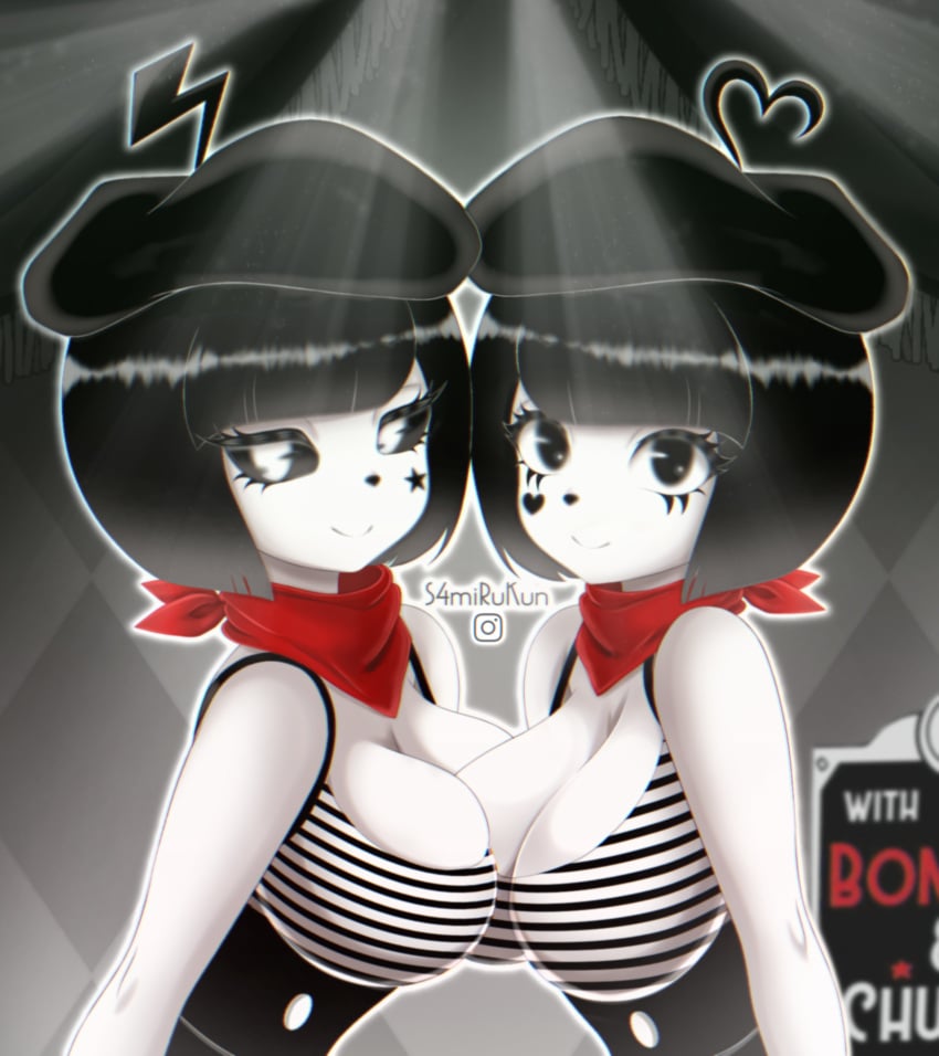 big_breasts black_eyes black_hair bonbon_(derpixon) chuchu_(derpixon) duo_female mime mime_and_dash non_nude s4mirukun short_hair tagme white_pupils