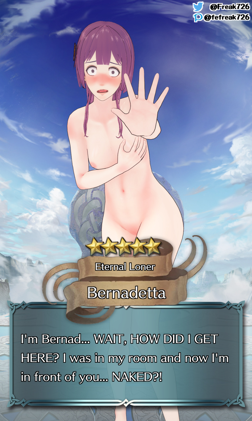 1girls 3d alternate_version_available bangs bare_legs barefoot bernadetta_von_varley blush blushing breasts completely_naked completely_nude completely_nude_female confusion covering covering_breasts covering_self embarrassed embarrassed_nude_female english_text exhibitionism fefreak726 female female_only fire_emblem fire_emblem:_three_houses fire_emblem_heroes grey_eyes heavy_blush humiliation legs looking_at_viewer nintendo nipples nude nude_female open_mouth outdoors post-timeskip purple_hair reaching_out scared shocked short_hair small_breasts solo stats summoning text text_box wide_eyed