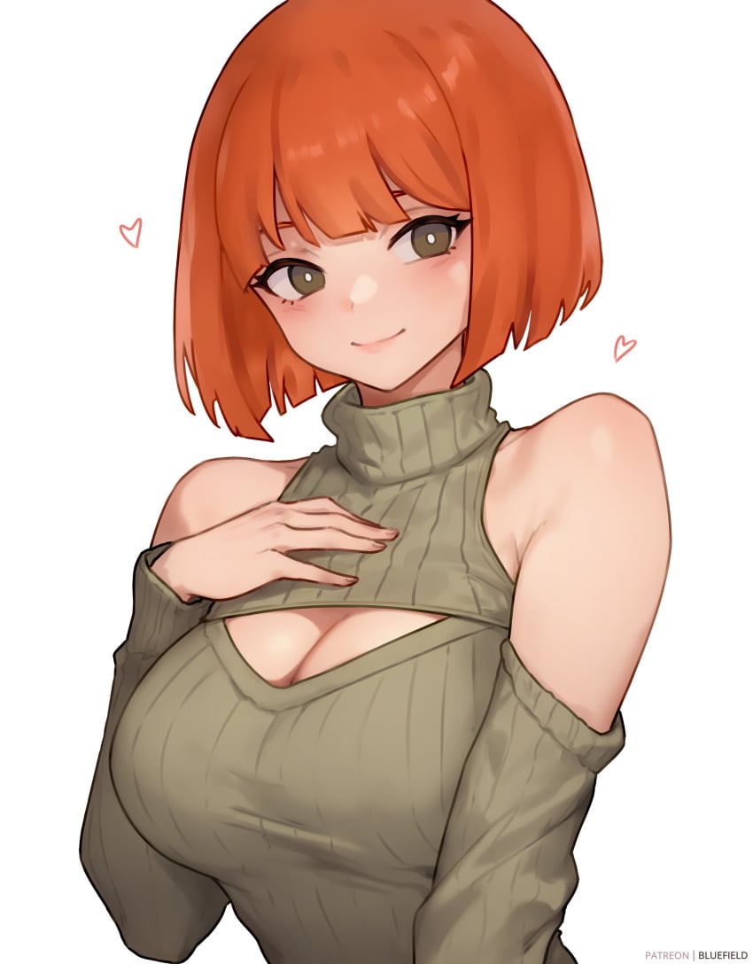 1girls bluefield breasts cleavage cute female female_only large_breasts light-skinned_female light_skin light_skinned_female mcdonald's milf mom_(japanese_mcdonald's_commercial) orange_hair short_hair smile solo sweater yoru_mac