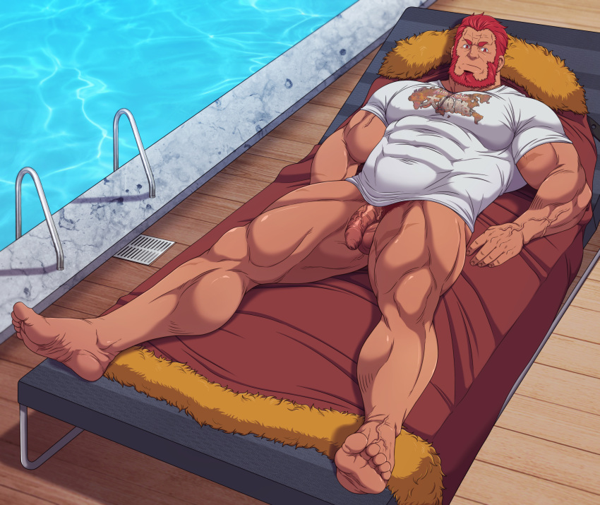 balls bara beard facial_hair fate_(series) flaccid iskandar_(fate) lying_on_back male male_only muscles muscular pantsless penis red_hair ryans shirt solo solo_male