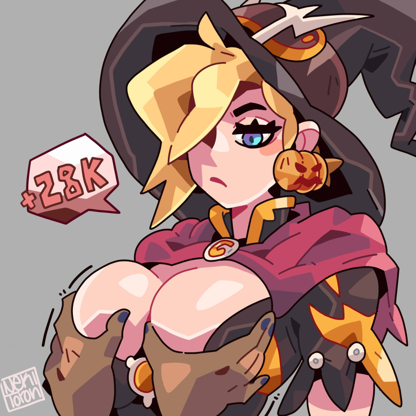 grope groping groping_breasts lowres mercy nekitoototo overwatch tagme witch witch_hat witch_mercy