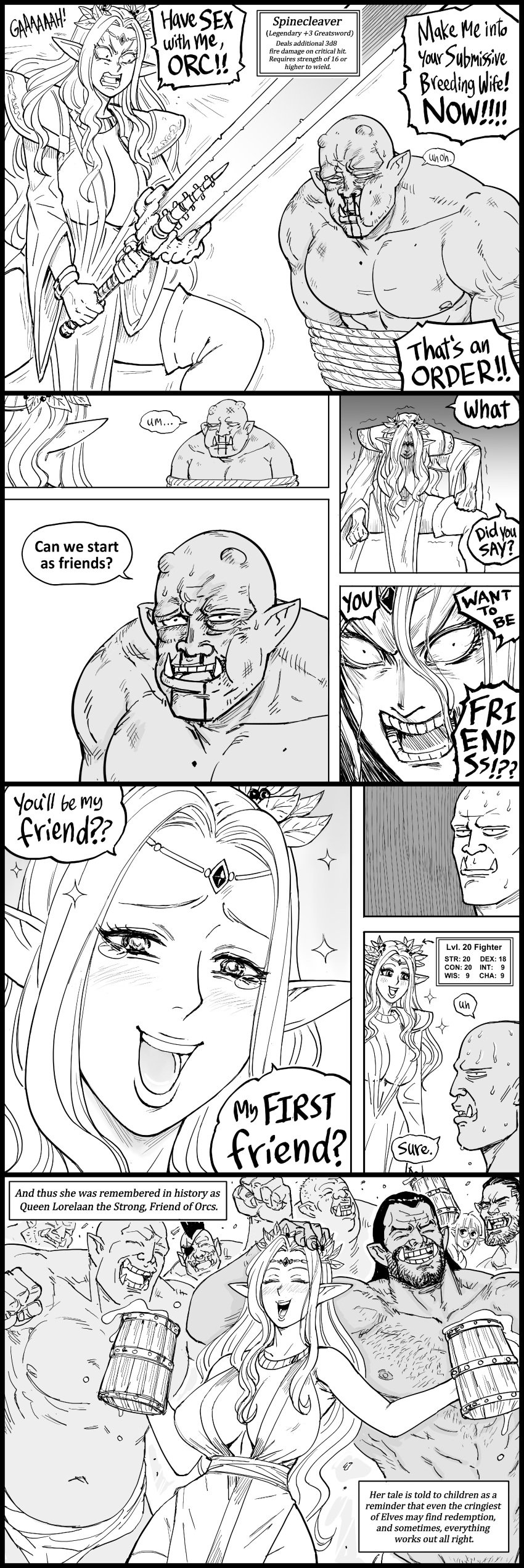 1boy 1girls 4_panel_comic bb_(baalbuddy) comic dialogue elf elf_ears elf_female english_text female funny greyscale happy_ending male monochrome orc orc_male speech_bubble tagme text_box