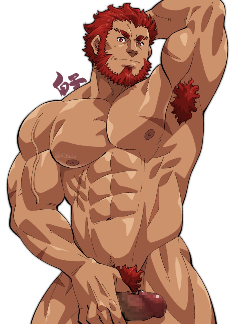 41raco armpit_hair balls bara beard boner censored_penis erection facial_hair fate_(series) hand_behind_head iskandar_(fate) male male_only muscles muscular nude penis red_hair solo solo_male