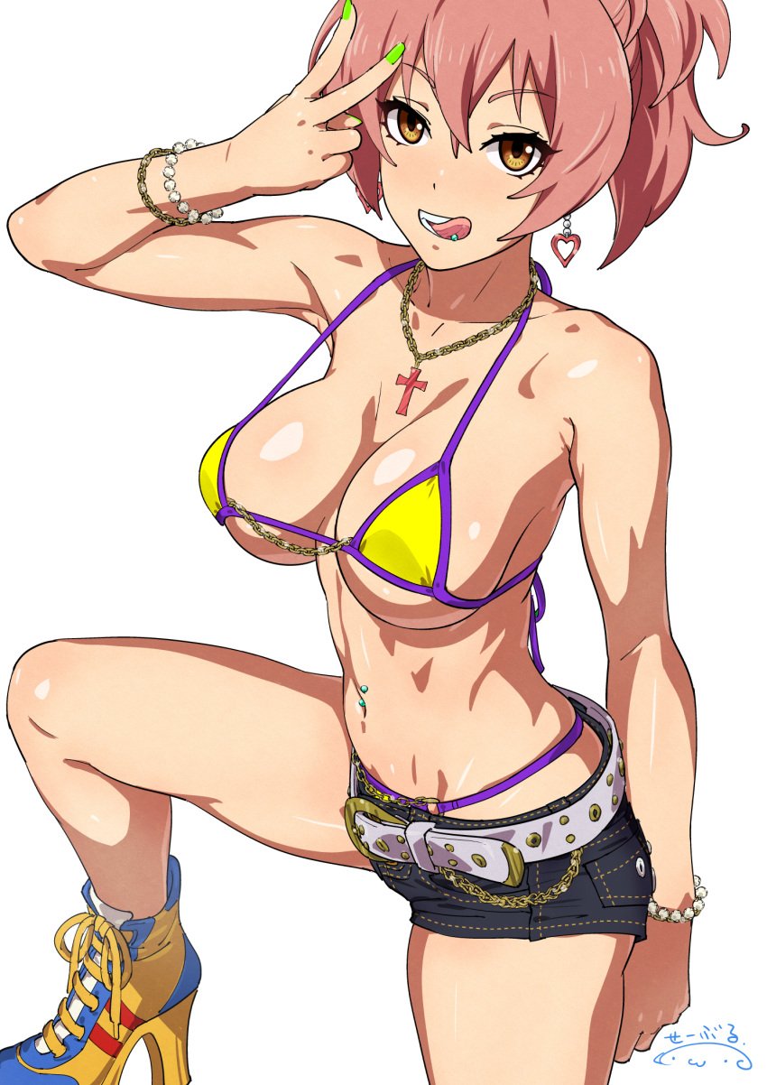 1girls arm_at_side bikini bikini_under_clothes body_blush bracelet brown_eyes chains cleavage cowboy_shot cross_necklace denim denim_shorts earrings female female_only gyaru hand_up heart_earrings high_heels idolmaster idolmaster_cinderella_girls jewelry jougasaki_mika large_breasts leg_up legs_apart licking_lips light-skinned_female light_skin long_fingernails looking_at_viewer micro_bikini nail_polish navel_piercing necklace nipple_chain one_eye_closed pale-skinned_female pale_skin pink_hair pink_nails ponytail shoelaces short_shorts shorts sideboob simple_background smile strap_gap string_bikini suna swimsuit thong_above_shorts thong_straps tongue_out tongue_piercing underboob v watermark white_background white_belt