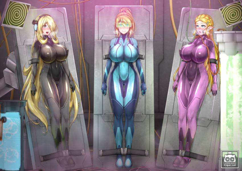 3_bodysuits 3girls alternate_breast_size bimbo blonde blonde_female blonde_hair blue-tinted_eyewear bodysuit breath_of_the_wild cameltoe cigar_cat clothing cynthia_(pokemon) female female_focus female_only green-tinted_eyewear headphones huge_breasts hypnosis large_ass large_breasts metroid mouth_mask multiple_girls navel pokemon princess_zelda samus_aran the_legend_of_zelda thick_thighs tinted_eyewear visor wide_hips zelda_(breath_of_the_wild) zero_suit zero_suit_samus