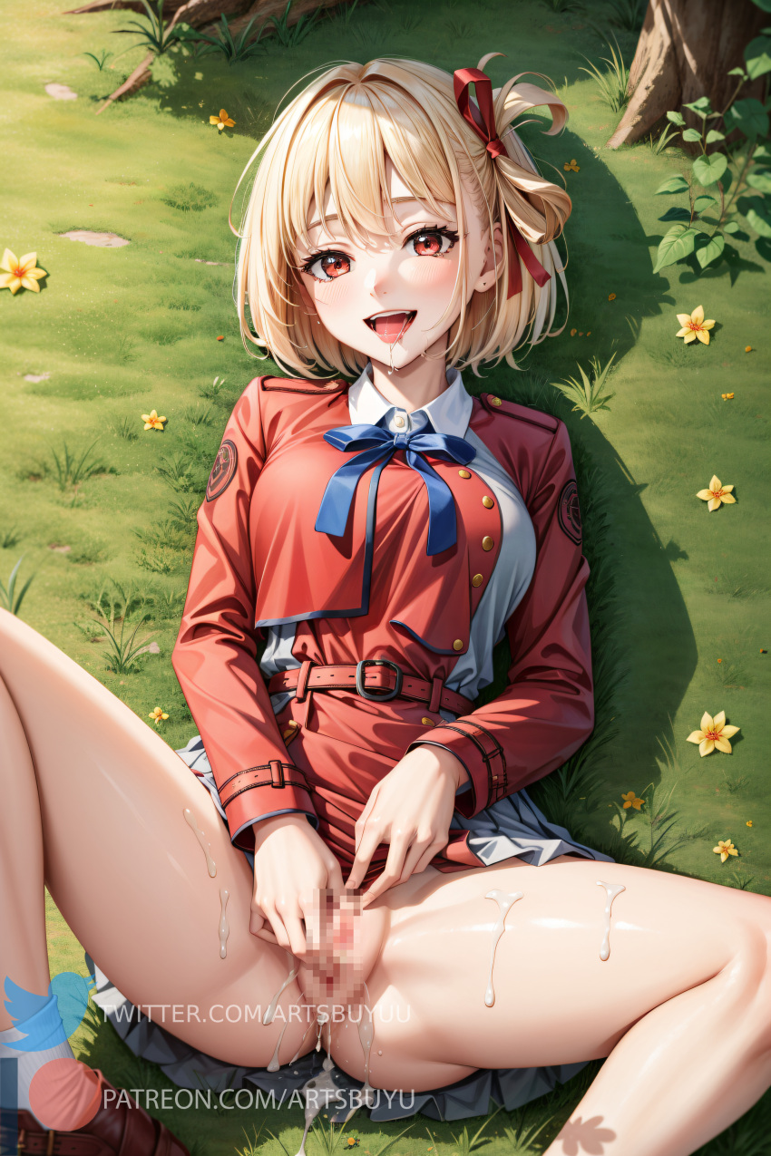 1girls after_sex ai_generated artsbuyu bangs blonde_hair blush censored cum cum_drip cum_in_pussy cum_inside dress embarrassed fingering hair_between_eyes hair_ornament hair_ribbon hi_res looking_at_viewer lycoris_recoil lying masturbating masturbation medium_breasts nishikigi_chisato on_back open_mouth pussy red_dress red_eyes red_ribbon saliva short_hair smile spread_legs stable_diffusion straight_hair tongue tongue_out unifrom