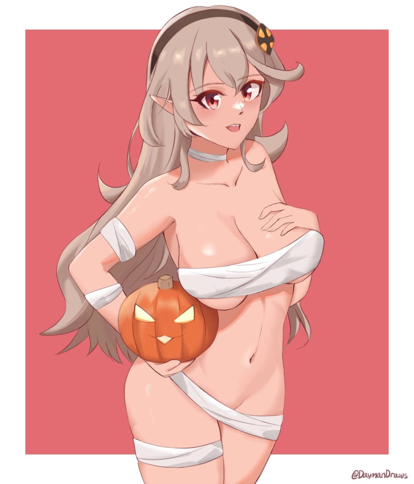 1girls 2023 alternate_costume artist_name bandage bare_shoulders blonde_hair cleavage corrin_(fire_emblem) corrin_(fire_emblem)_(female) daymandraws female female_only fire_emblem fire_emblem_fates hair_ornament hairband halloween halloween_costume highres jack-o'-lantern large_breasts light-skinned_female light_skin long_hair looking_at_viewer mummy mummy_costume navel nintendo pointy_ears red_eyes solo watermark