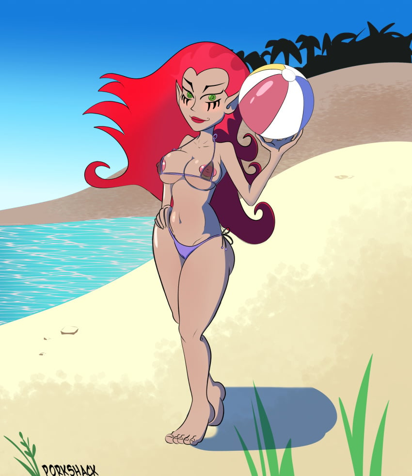 beach beach_ball bikini cartoon_network female green_eyes long_hair pink_nipples porkshack red_eyes tan_body thick_thighs thin_waist wuya xiaolin_showdown