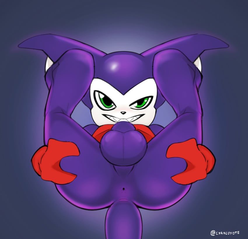 anus ass balls bandai_namco cyancoyote digimon digimon_(species) genitals green_eyes grin humanoid impmon looking_at_viewer lying male nude on_back presenting presenting_anus presenting_hindquarters purple_body smile solo spread_butt spreading teeth