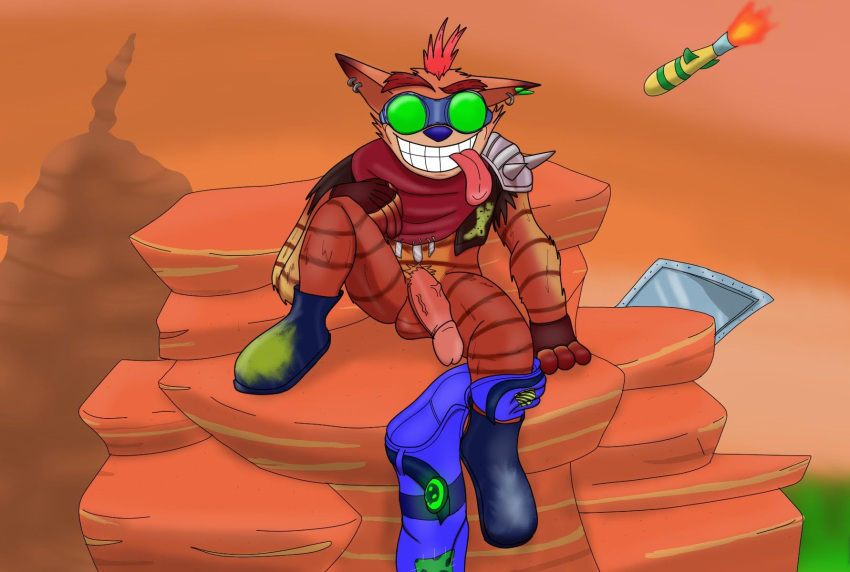 activision anthro assassinfenrir balls bandicoot belt belt_buckle blue_bottomwear blue_clothing blue_nose blue_pants boots bottomwear bottomwear_around_one_leg bottomwear_down clothed clothing clothing_around_one_leg colored countershading crash_(series) crash_bandicoot crash_team_racing_(series) crash_team_racing_nitro-fueled detailed_background digital_media_(artwork) ear_piercing eyebrows eyewear fingerless_gloves fingers footwear fur furry furry_male furry_only genitals gloves goggles green_eyewear green_glow green_goggles grin grinning_at_viewer handwear hi_res humanoid_genitalia humanoid_penis jacket looking_at_viewer male male_only mammal marsupial missile mohawk monotreme orange_background orange_fur pants pants_around_one_leg pants_down partially_clothed penis piercing pink_penis rock scarf shaded shoulder_guard simple_background skull_accessory smile smoke_cloud solo spikes stripes thick_eyebrows tongue tongue_out topwear