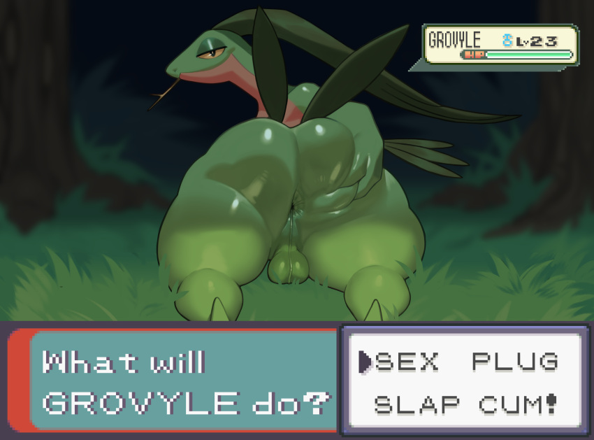 anthro anthro_only anus ass backsack balls bedroom_eyes big_ass big_butt chromamorph elemental_creature flora_fauna gameplay_mechanics generation_3_pokemon genitals green_body grovyle gui health_bar hi_res huge_ass huge_butt looking_at_viewer looking_back looking_back_at_viewer lying male narrowed_eyes nintendo nude on-grass on_front perineum plant pokemon pokemon_(species) presenting presenting_anus presenting_hindquarters seductive solo spread_butt spreading stick_in_mouth text_box thick_thighs tree user_interface