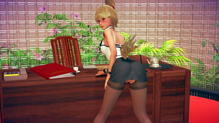 3d animal_crossing assuming_position bending_forward bending_over blush blushing_at_viewer blushing_female crotchless crotchless_clothes crotchless_pantyhose honey_select_2 isabelle_(animal_crossing) nintendo pantyhose secretary secretary_outfit short_skirt showing_off showing_pussy studio_neo_2