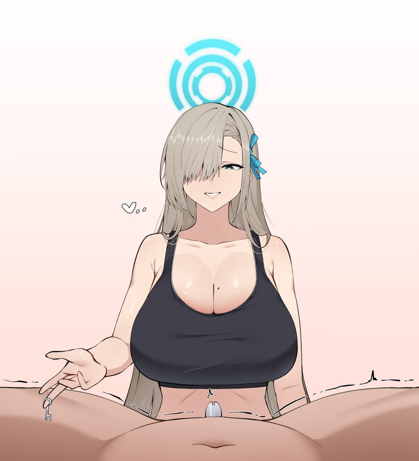 1boy 1girls 2d absurd_res asuna_(blue_archive) bent_elbow big_breasts black_bra blue_archive blue_ribbon bra breasts chastity chastity_cage chastity_key cherachera clothing cuckold cuckold_pov female femdom grey_hair hair_ornament hair_over_one_eye hair_ribbon halo hand_up heart hi_res holding_object index_finger_raised key large_breasts light-skinned_female light-skinned_male light_skin mole mole_on_breast motion_lines movement_lines navel netorare ntr pantsu pov ribbon small_penis_humiliation smile sports_bra stomach teasing trembling very_long_hair white_hair