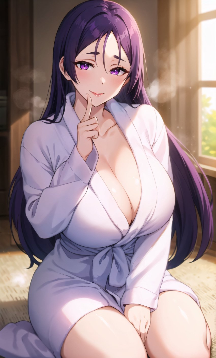 1girls ai_generated breasts cleavage clothed fate/grand_order fate_(series) female hi_res huge_breasts light-skinned_female light_skin long_hair looking_at_viewer mature_female milf minamoto_no_raikou_(fate/grand_order) naughty_face purple_eyes purple_hair stable_diffusion stuffyai