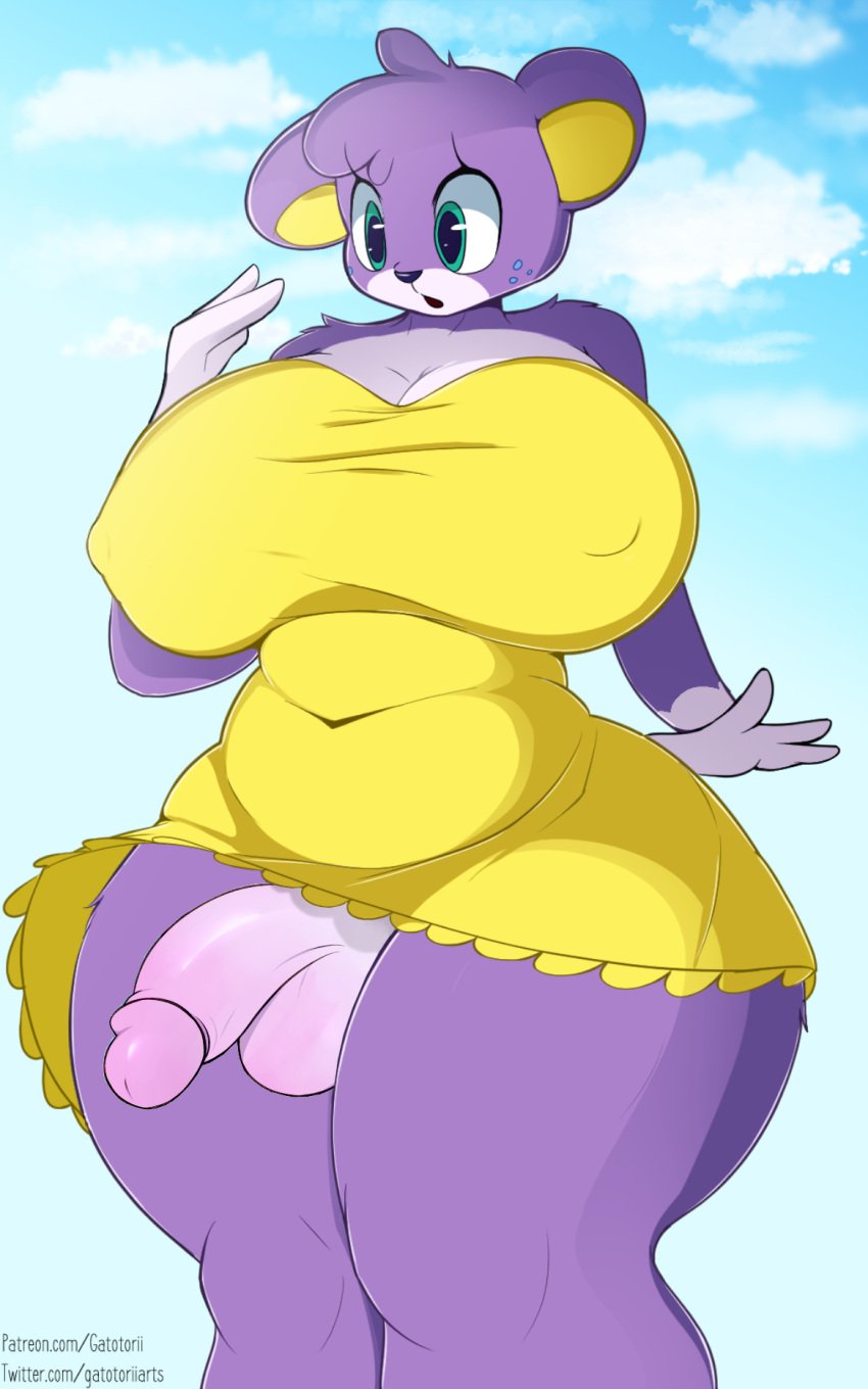 animal_crossing anthro big_breasts breasts cleavage clothed clothed_futanari clothing dickgirl futanari gatotorii genitals hi_res huge_breasts mammal megan_(animal_crossing) nintendo nipple_outline no_underwear purple_body solo text thick_thighs third-party_edit url ursid wide_hips