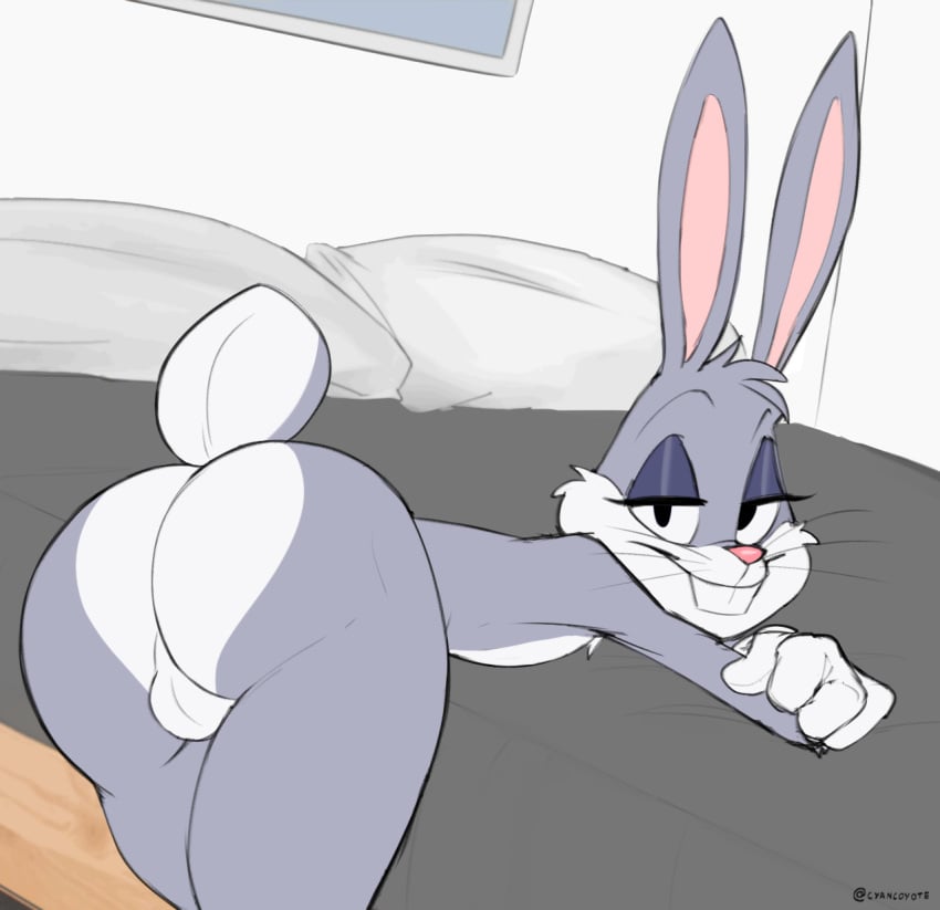 1boy anthro arms_cross ass backsack balls bed bent_over big_butt buckteeth bugs_bunny clothing cyancoyote femboy fur furniture genitals gloves grey_body grey_fur half-closed_eyes handwear hi_res lagomorph leporid long_ears looney_tunes male mammal narrowed_eyes on_bed rabbit seductive solo teeth warner_brothers whiskers