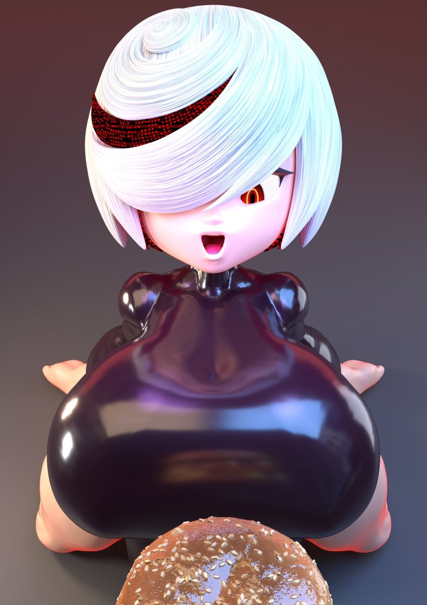 3d 3d_(artwork) clothed clothing female female_only food hamburger happy huge_breasts kneeling latex latex_suit palisal red_eyes sage_(sonic_frontiers) short_hair shortstack smiling sonic_(series) sonic_the_hedgehog_(series) thick_thighs white_hair