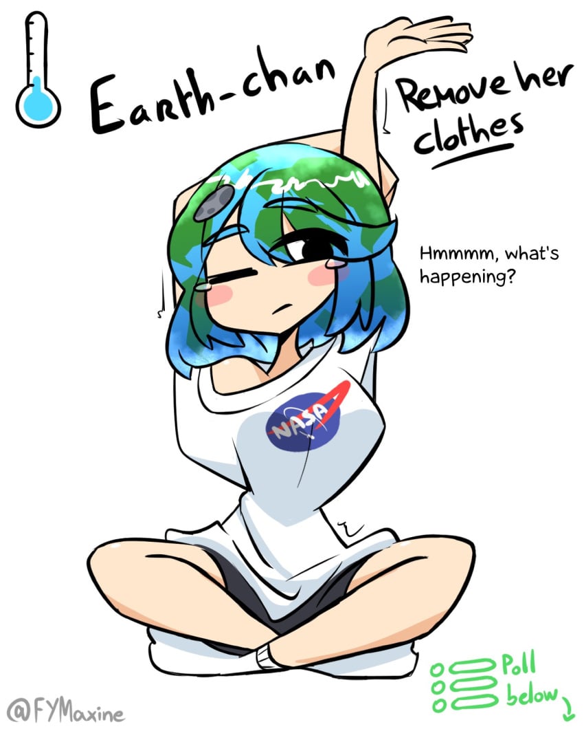 1girls black_eyes blue_hair boobs clothing comic_panel earth-chan female female_focus female_only fymaxine gray_shorts green_hair light-skinned_female light_skin nasa short_shorts stretching strip_game tagme two_tone_hair