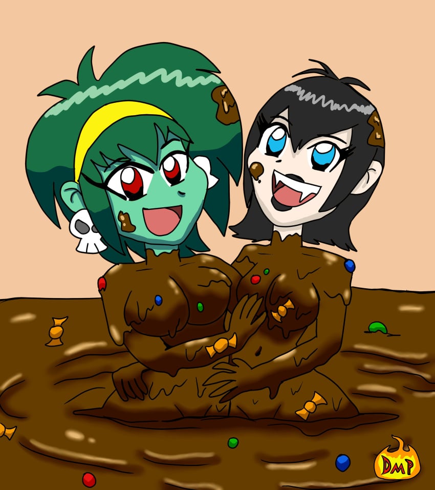 2girls breasts candy chocolate chocolate_on_body chocolate_on_breasts crossover doctormechapyro female female_only fetish food food_play hotel_transylvania mavis_dracula melted_chocolate multiple_girls open_mouth rottytops shantae