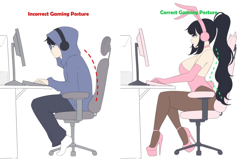 1boy 1girls arched_back arm_sleeves ass_expansion before_and_after big_ass breast_expansion brown_hair bubble_butt choker clothed clothing correct_gaming_posture_(meme) fat_ass female fully_clothed gamer gaming gender_transformation headphones high_heels huge_breasts human leotard light-skinned_male long_hair male mtf_transformation pantyhose platform_heels short_hair skindentation socks thedollhousse thick_thighs wide_hips