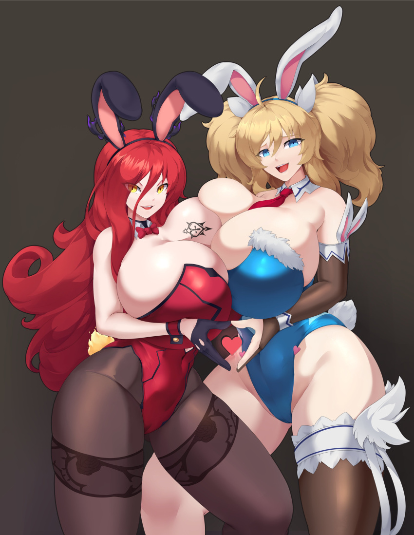 2girls absurdres astaroth_(taimanin_asagi) asymmetrical_docking blonde_hair blue_eyes bow bowtie breast_press breast_tattoo breasts cameltoe cleavage covered_navel female_focus gigantic_breasts gloves heart heart_hands highres huge_breasts leotard long_hair looking_at_viewer multiple_girls necktie onizaki_kirara pantyhose pockyland rabbit_ears rabbit_tail red_hair simple_background skindentation taimanin_(series) tattoo thick_thighs thighs twintails yellow_eyes