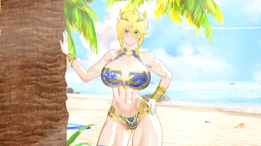 1girls abs artoria_pendragon_(lancer) beach big_breasts big_thighs blonde_hair breasts busty cleavage fate/grand_order fate_(series) female green_eyes huge_breasts huge_thighs knshin koikatsu large_breasts large_thighs looking_at_viewer muscular navel swimsuit thick_thighs thighs voluptuous