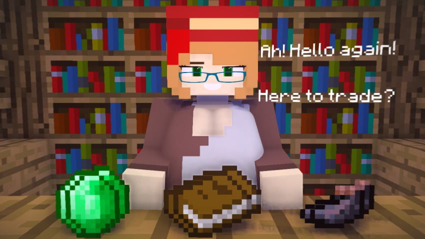 big_breasts big_breasts dialogue looking_at_viewer minecraft mystic100 smiling smiling_at_viewer villager_(minecraft)