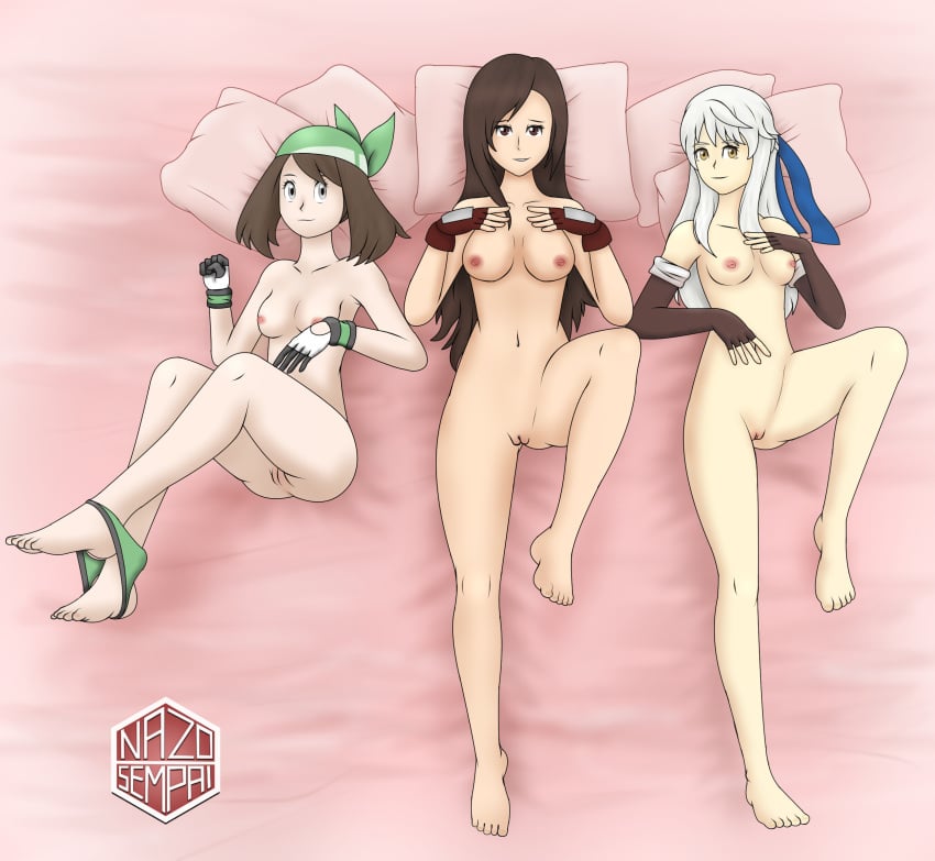 3girls bed breasts brown_hair completely_nude crossover female female_only final_fantasy final_fantasy_vii fire_emblem fire_emblem:_radiant_dawn gloves long_hair may_(pokemon) may_(pokemon_emerald) medium_breasts micaiah_(fire_emblem) multiple_girls nazosempai nintendo nipples nude nude_female pillow pokemon pokemon_rse pussy square_enix tifa_lockhart white_hair