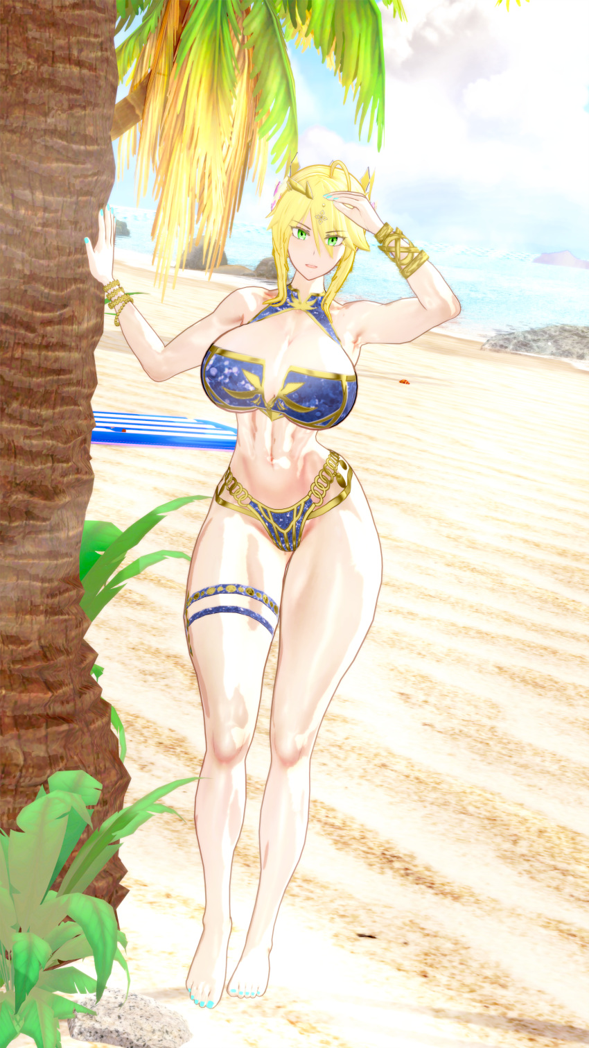 1girls abs artoria_pendragon_(lancer) beach big_breasts big_thighs blonde_hair breasts busty cleavage fate/grand_order fate_(series) female green_eyes huge_breasts huge_thighs knshin koikatsu large_breasts large_thighs looking_at_viewer muscular navel swimsuit thick_thighs thighs voluptuous