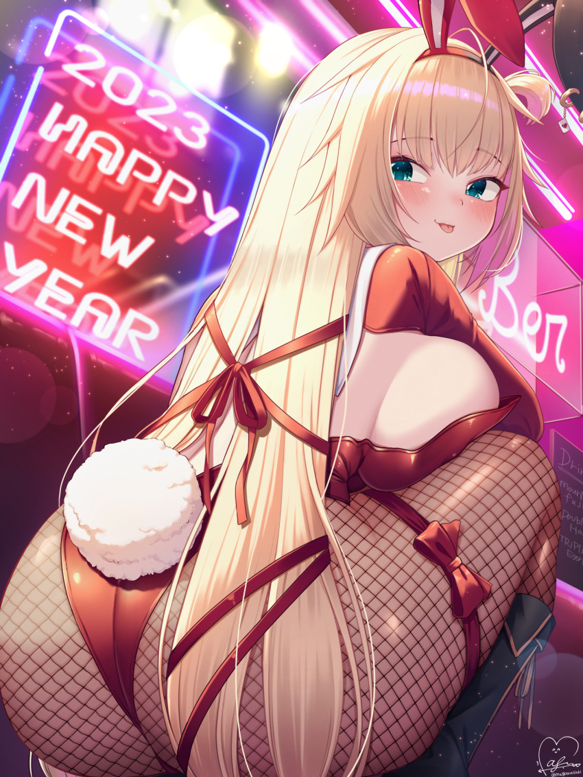 2023 :p akai_haato animal_ears ass backless_leotard blue_eyes blush boots bow breast_press breasts fake_animal_ears female fishnet_pantyhose fishnets from_behind hair_ribbon happy_new_year highres hololive hololive_gen_1 hololive_japan knee_boots large_breasts leotard long_hair magowasabi neon_lights new_year one_side_up pantyhose rabbit_ears rabbit_tail red_bow red_leotard red_ribbon ribbon sideboob signature tail tongue tongue_out twitter_username very_long_hair virtual_youtuber