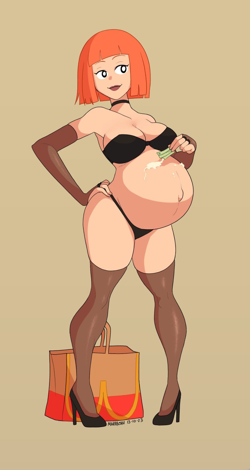 1girls big_belly bloated_belly brown_eyes clothed clothing exposed_pregnant_belly female female_only high_heels marrazan mcdonald's mom_(japanese_mcdonald's_commercial) navel orange_hair outie_navel pregnant ranch_dressing scantily_clad stockings yoru_mac