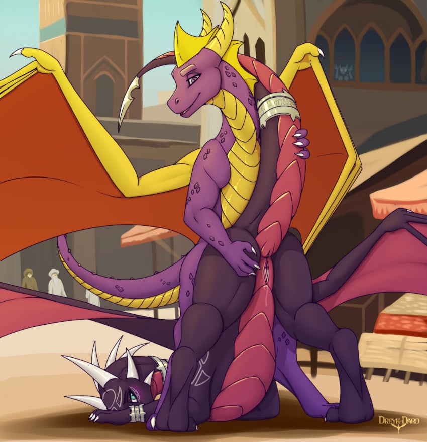 accessory activision anus ass ass_up belly_scales blade bracelet claws cynder dragon dreyk-daro duo female feral furgonomics hi_res horn jewelry male male/female membrane_(anatomy) membranous_wings outside presenting presenting_hindquarters public purple_body purple_scales raised_tail scales scalie spyro spyro_the_dragon tail tail_accessory tail_blade tail_jewelry weapon_tail wings yellow_body yellow_scales