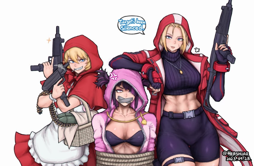 2023 3girls baby_bonnie_hood big_breasts black_hair blonde_hair blue_eyes bra breasts bulleta cammy_white cannon_spike capcom clothing crossover darkstalkers english_text female female_only firearm gag gun hershuar juri_han multiple_girls pajamas pink_hair pink_hair_streak red_hood shorts small_breasts street_fighter street_fighter_6 submachine_gun taped_mouth text text_bubble tied_up