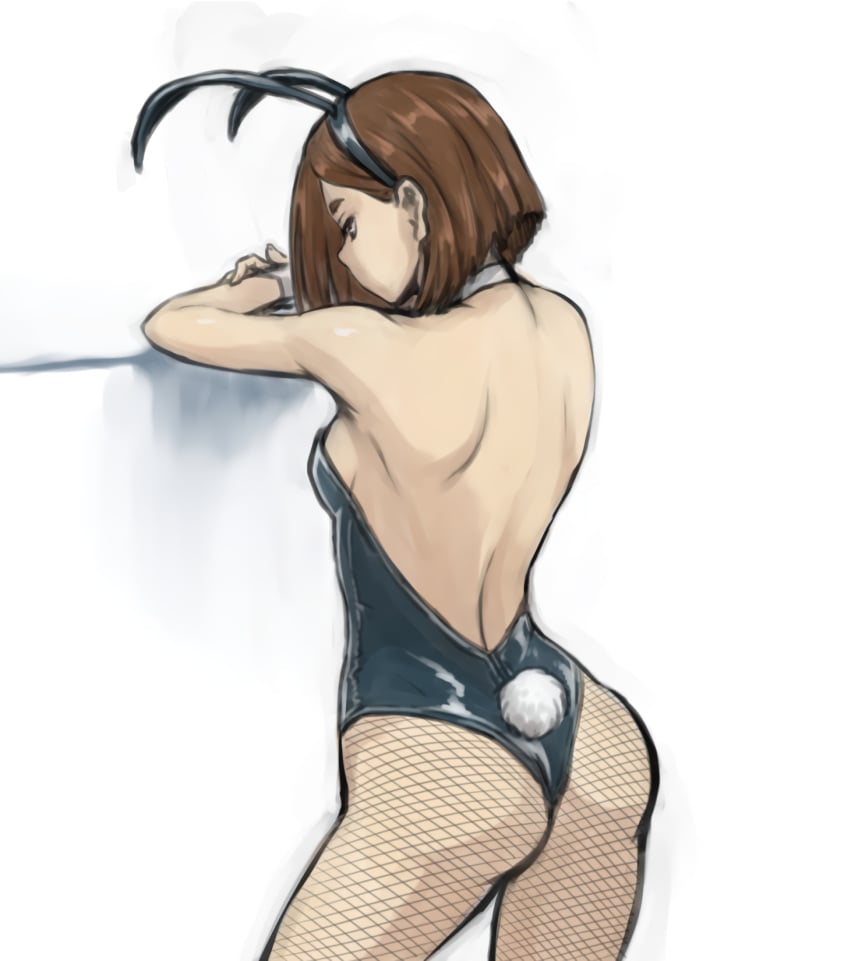 ahemaru animal_ears asymmetrical_bangs backboob bare_back bob_cut breasts brown_hair bunnysuit contrapposto eizouken_ni_wa_te_wo_dasu_na! fake_animal_ears female fishnets from_behind hair_between_eyes henriiku_(ahemaru) inverted_bob keep_your_hands_off_eizouken low-cut medium_breasts pantyhose playboy_bunny rabbit_ears rabbit_tail short_hair shoulder_blades sideboob solo tagme tail tsubame_mizusaki