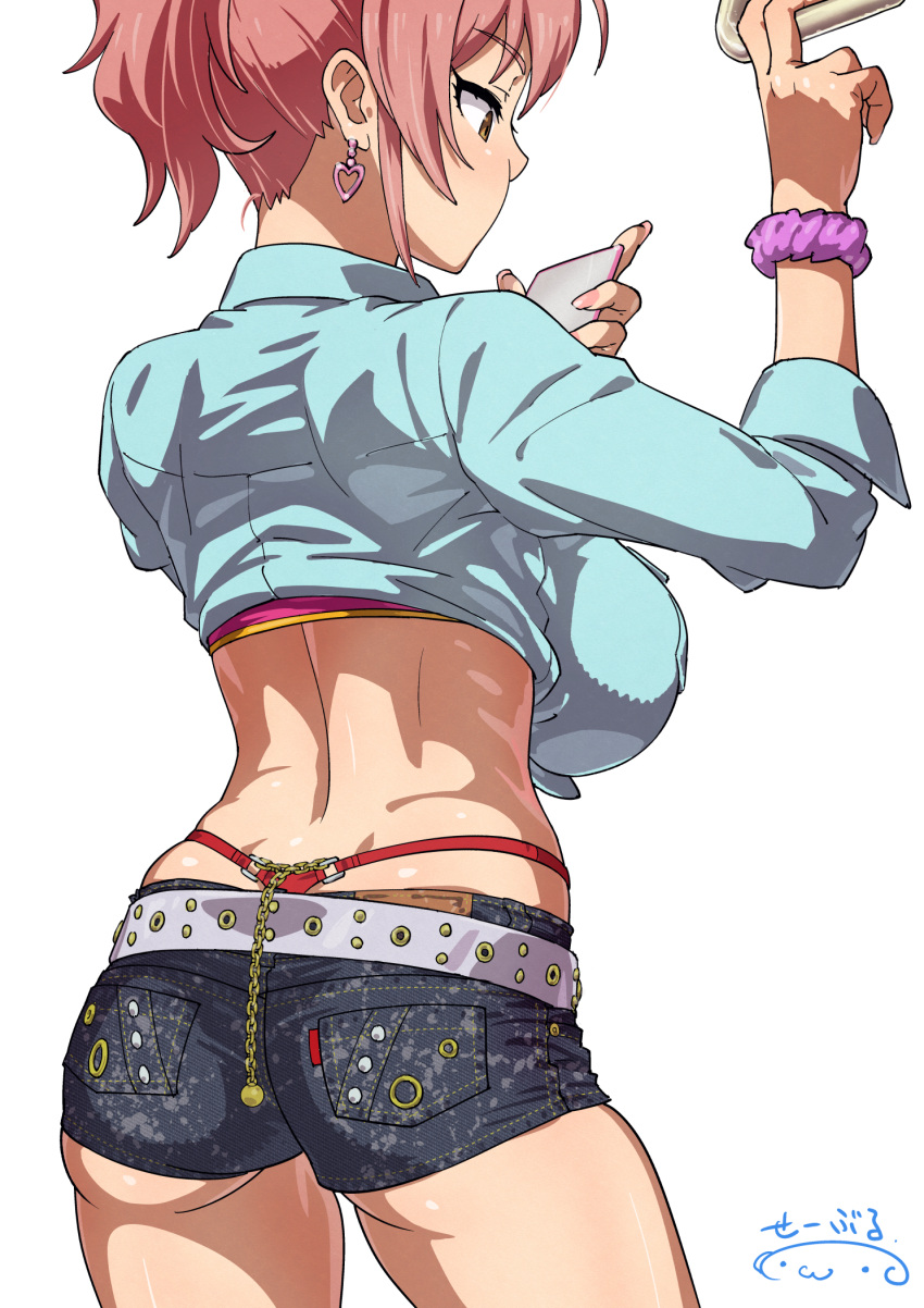 amber_eyes bare_midriff denim_shorts female_only gyaru heart_earrings hip_focus holding_bar huge_breasts idolmaster idolmaster_cinderella_girls jougasaki_mika long_hair looking_at_smartphone on_train pink_hair pink_nails pink_scrunchie ponytail shirt short_shorts shorts sidelocks simple_background solo_female suna thong thong_above_shorts thong_straps tied_shirt whale_tail white_background