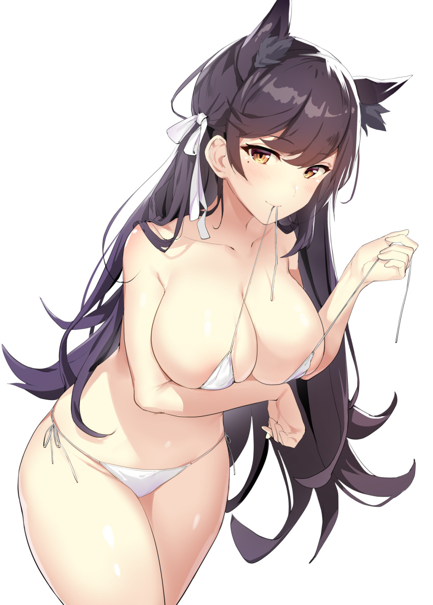 1girls alternate_costume animal_ears arm_under_breasts atago_(azur_lane) azur_lane bikini black_hair blush breasts brown_eyes closed_mouth extra_ears female female_only groin hair_ribbon highres holding holding_clothes holding_string holding_swimsuit icomochi large_breasts leaning_forward light-skinned_female light_skin long_hair looking_at_viewer mole mole_under_eye mouth_hold navel pale-skinned_female pale_skin ribbon side-tie_bikini_bottom simple_background skindentation smile solo stomach string swept_bangs swimsuit thighs untied_bikini white_background white_bikini white_ribbon