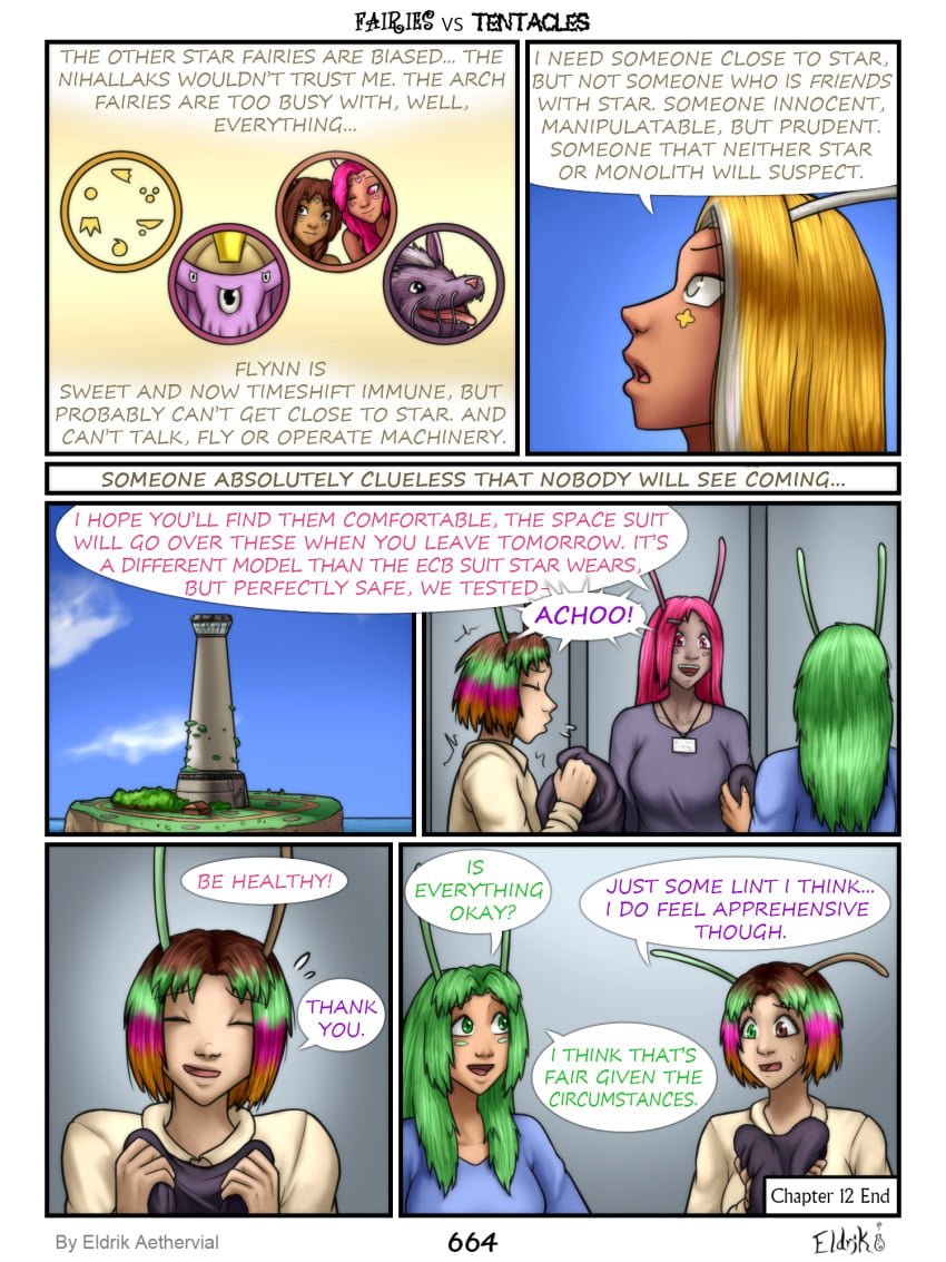 amy_(fvt) antennae blonde_hair chapter_12 cheek_markings comic eldrik_aethervial end_page english_text fairies_vs_tentacles green_eyes green_hair grey_eyes lucky_(fvt) multicolored_hair page_664 syl_(fvt) tagme yellow_hair