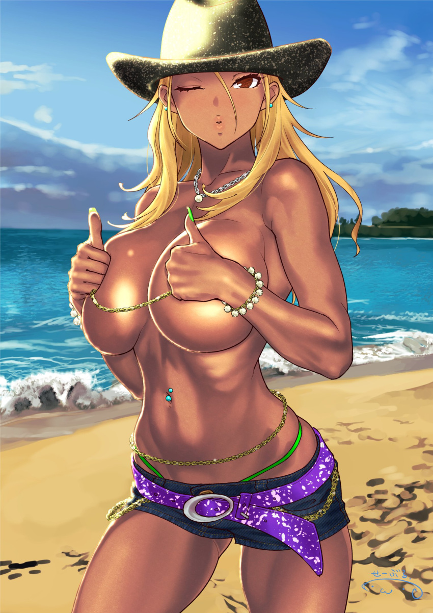 1girls artist_signature beach belly_chain blonde_hair busty covering_breasts cowboy_hat dark_eyes denim_shorts female gold_nipple_chain green_nail_polish green_thong gyaru hands_covering_nipples hourglass_figure idolmaster izumi_mei kissy_face large_breasts long_hair looking_at_viewer navel_piercing nipple_chain no_bra no_shirt on_beach one_eye_closed pierced_navel public_topless short_shorts suna suntan tan thong_bikini_bottom thumbs_up winking_at_viewer