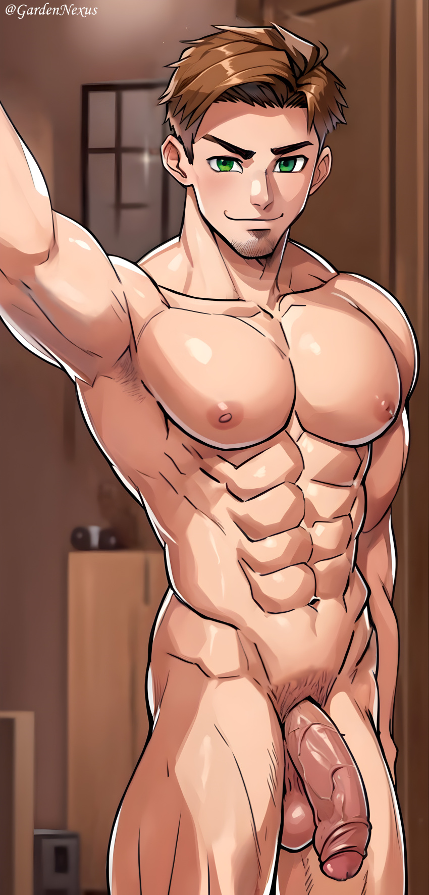 1boy ai_generated big_penis gay green_eyes hi_res huge_cock light_brown_hair looking_at_viewer male male_focus male_only muscular muscular_male nexusgarden selfie solo yaoi