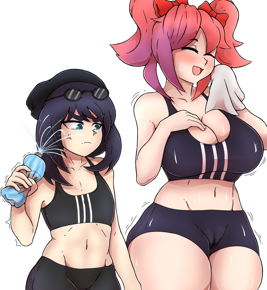 2girls anger_vein angry beanie black_hair breast_envy cameltoe emo emo_girl female_only frederickjdraws fuego_the_water_bottle hair_ribbon height_difference large_breasts medium_support_(meme) neggy_(oc) oc original_character saiko_bichitaru_(smg4) shorts smg4 spandex sunglasses_on_head sweat tagme twintails water