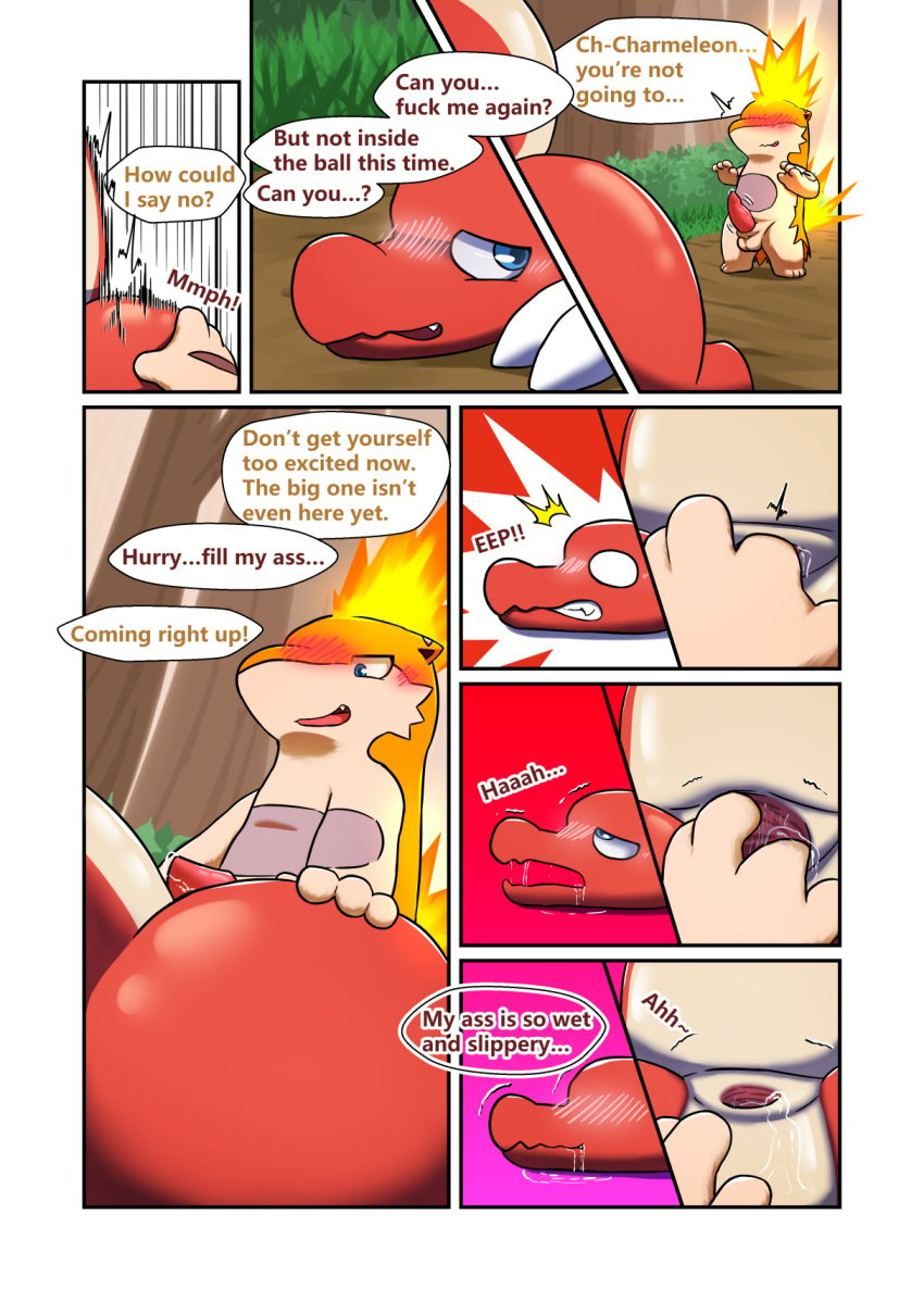 anal anal_sex balls bodily_fluids charmeleon comic darrow0 english_text fire forest generation_1_pokemon generation_2_pokemon genital_fluids genitals hi_res male male/male male_penetrating nintendo p.r.o._pokeball penetration penis plant pokeball pokemon pokemon_(species) profanity quilava speech_bubble text tree yuel