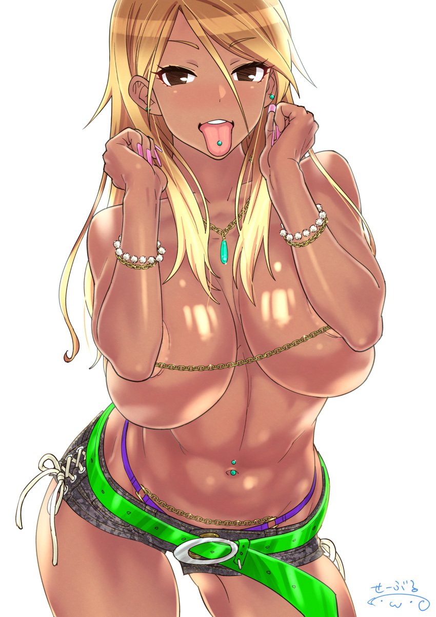 1girls areola_slip areolae bangs bare_shoulders blonde_hair blue_shorts blush chains dark_eyes denim_shorts earrings eyebrows_visible_through_hair ganguro gold_nipple_chain gradient_hair green_belt gyaru hair_between_eyes idolmaster idolmaster_shiny_colors izumi_mei jewelry large_breasts long_fingernails long_hair looking_at_viewer navel_piercing necklace nipple_chain nipple_piercing open_mouth piercing shiny_skin short_shorts shorts simple_background solo solo_female standing suna suntan tan tan_skin tongue_out tongue_piercing topless white_background