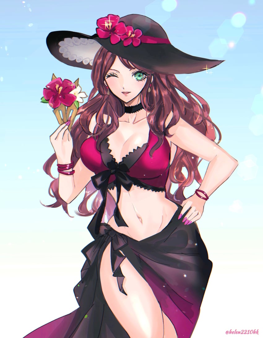 1girls alternate_costume bare_midriff bare_thighs bikini breasts brown_hair choker cleavage dorothea_arnault dorothea_arnault_(summer) female female_only fire_emblem fire_emblem:_three_houses fire_emblem_heroes green_eyes grin hat hat_flower hele hourglass_figure large_breasts long_hair looking_at_viewer midriff nail_polish nintendo official_alternate_costume one_eye_closed pink_nipples sarong sun_hat swimsuit thighs wide_hips wink