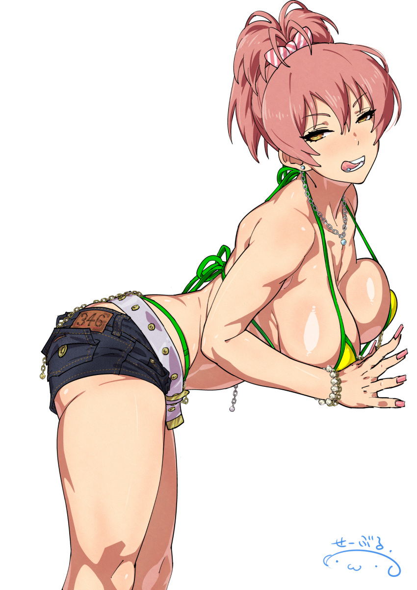 1girls amber_eyes bare_shoulders belt bent_over bikini blush earrings gyaru half-closed_eyes huge_breasts idolmaster idolmaster_cinderella_girls jewelry jougasaki_mika licking_lips long_fingernails long_nails looking_at_viewer micro_bikini nail_polish navel_piercing necklace nipple_chain pink_hair ponytail short_shorts shorts simple_background suna tongue_out tongue_piercing underass white_background white_bikini