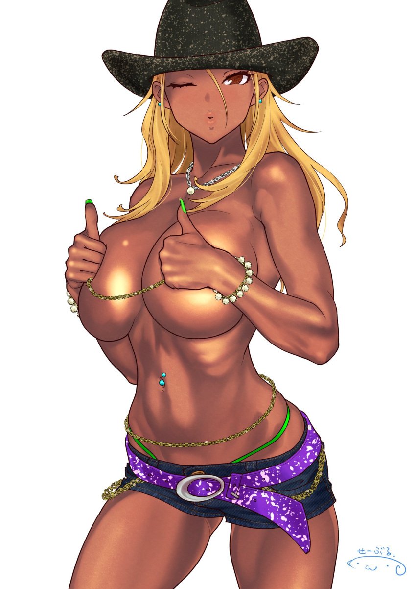 belly_chain blonde_hair busty cowboy_hat dark_eyes denim_shorts gold_nipple_chain green_nail_polish green_thong gyaru hands_covering_nipples hourglass_figure idolmaster izumi_mei kissy_face large_breasts long_hair looking_at_viewer navel_piercing nipple_chain no_bra no_shirt one_eye_closed pierced_navel short_shorts suna suntan tan thong_bikini_bottom thumbs_up winking_at_viewer